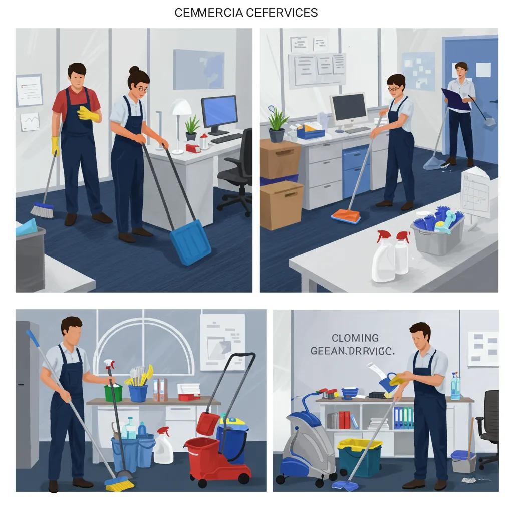 Diverse commercial cleaning services being performed in a clean office environment
