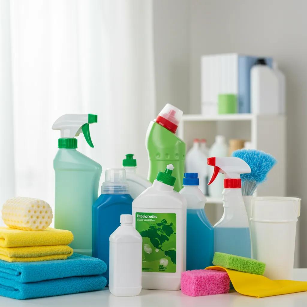 Eco-friendly cleaning products and equipment in a clean workspace promoting sustainability