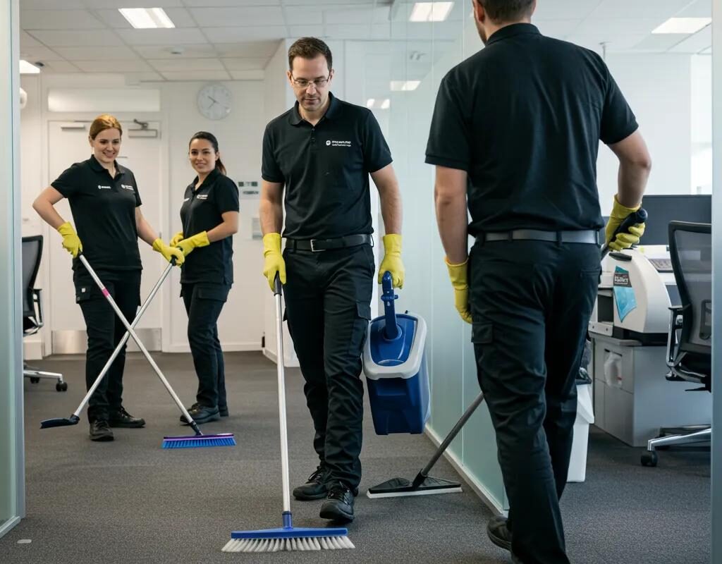 Professional commercial cleaning team maintaining a pristine office environment on the Wirral